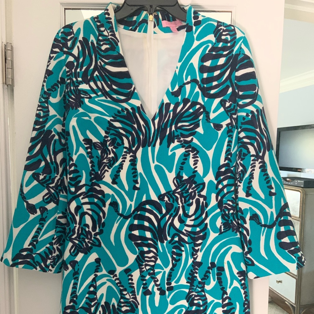 Lilly Pulitzer zebra print turquoise/navy dress